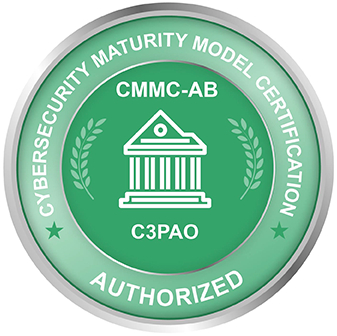 A green and white badge with the words cmmc-ab, c 3 pao, and authorized.