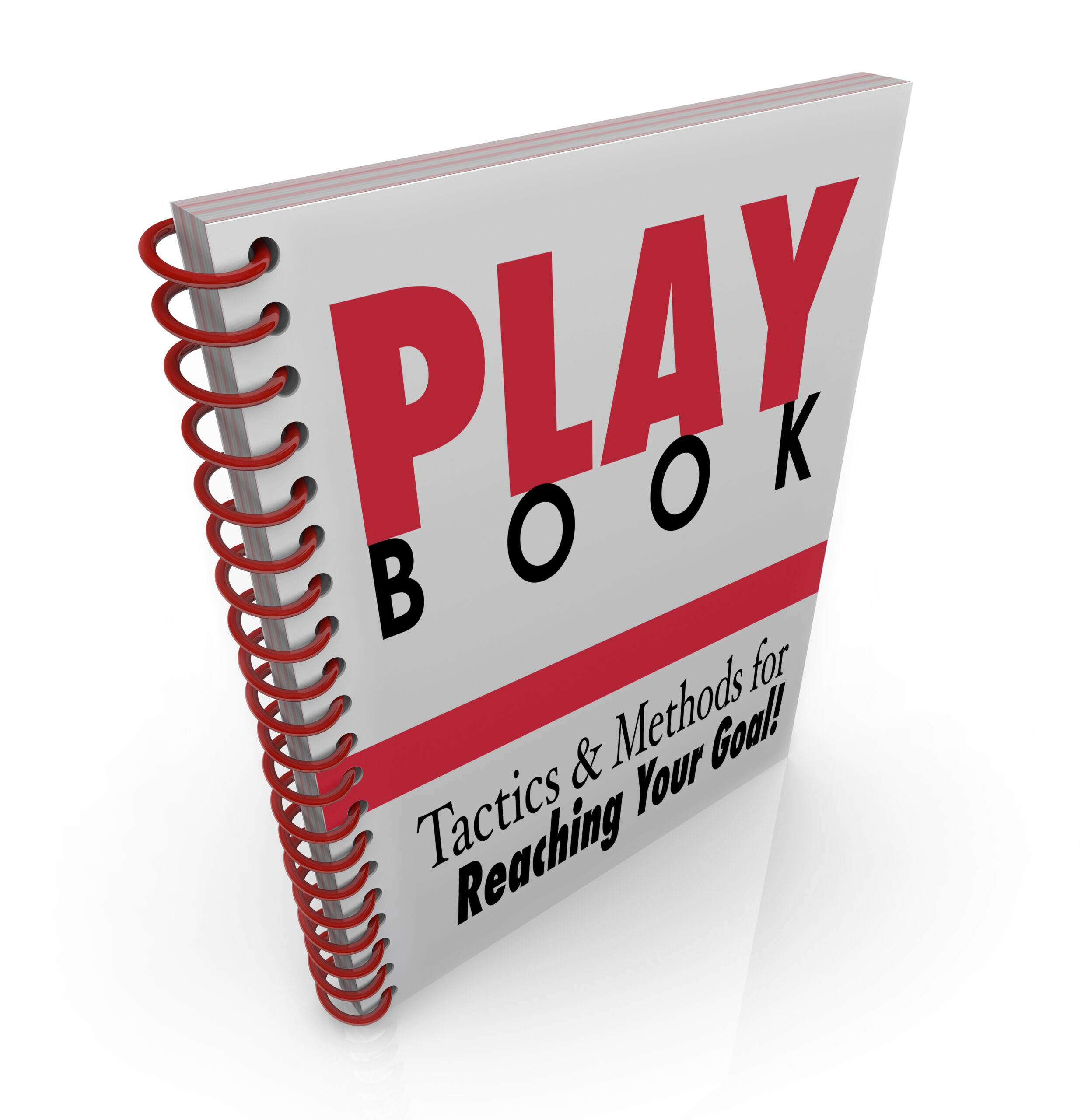 A red and white book with the words " play book ", " tactics & methods for reaching your goal ".