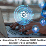 Laptop with cybersecurity certification icons overlay