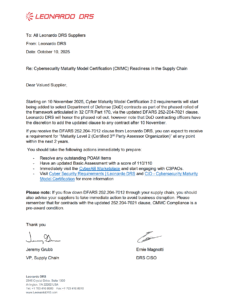 Letter about CMMC readiness for suppliers.