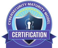 A blue and white badge with the words cybersecurity maturity model certification.